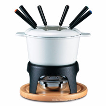 Cheese Cast-Iron Traditional Fondue Pot with wooden tray